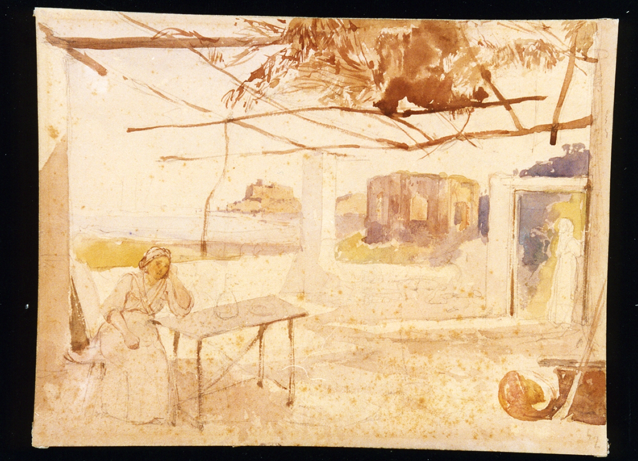 veduta di Baia da una terrazza con pergolato e figure (disegno) di Gigante Giacinto (sec. XIX)