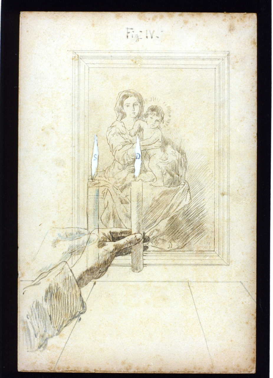 studio per la teoria della visione con raffigurato un quadro con Madonna c on Bambino (disegno) di Vetri Paolo (sec. XX)