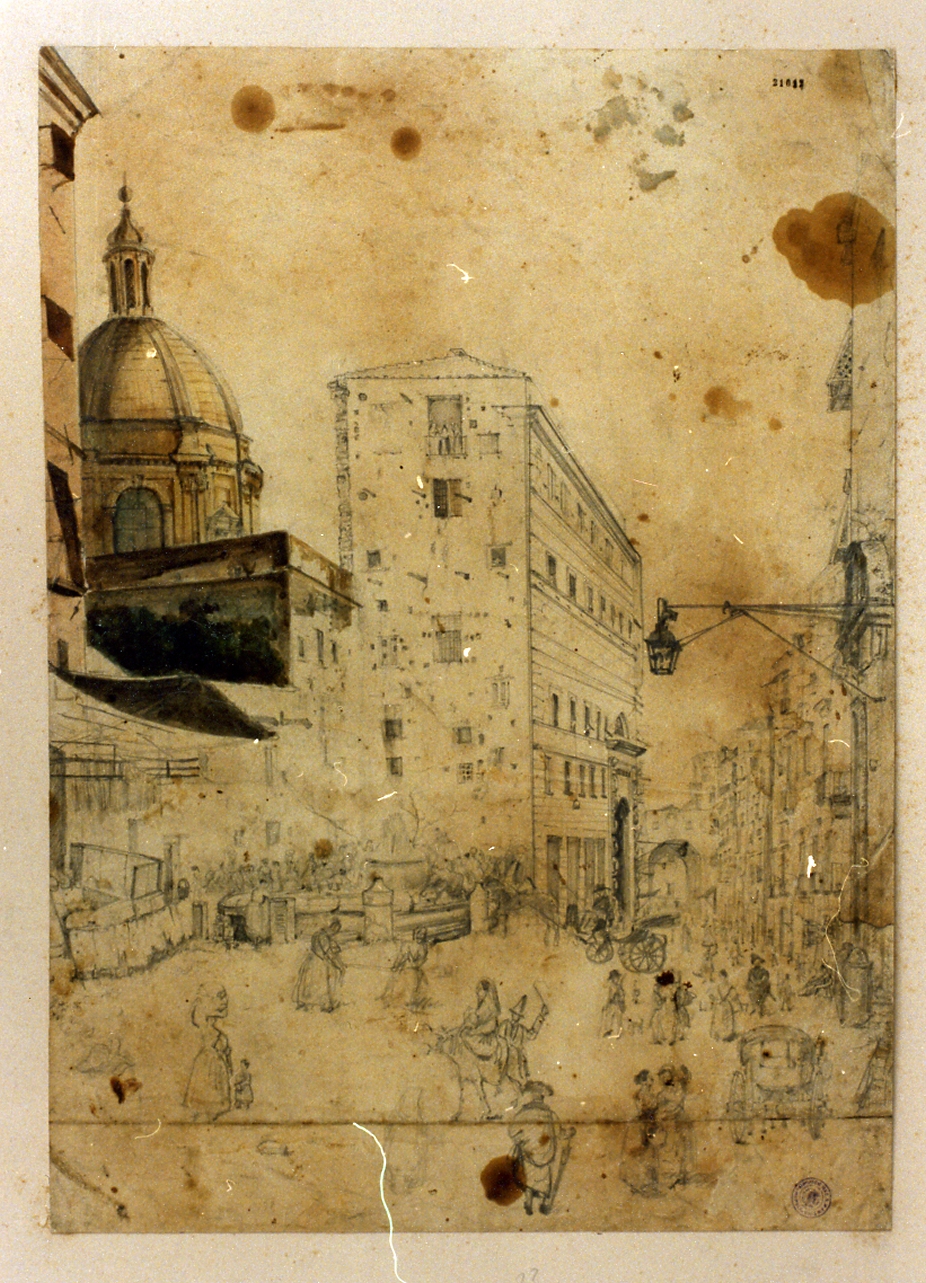 paesaggio con architettura (disegno) - ambito napoletano (sec. XIX)