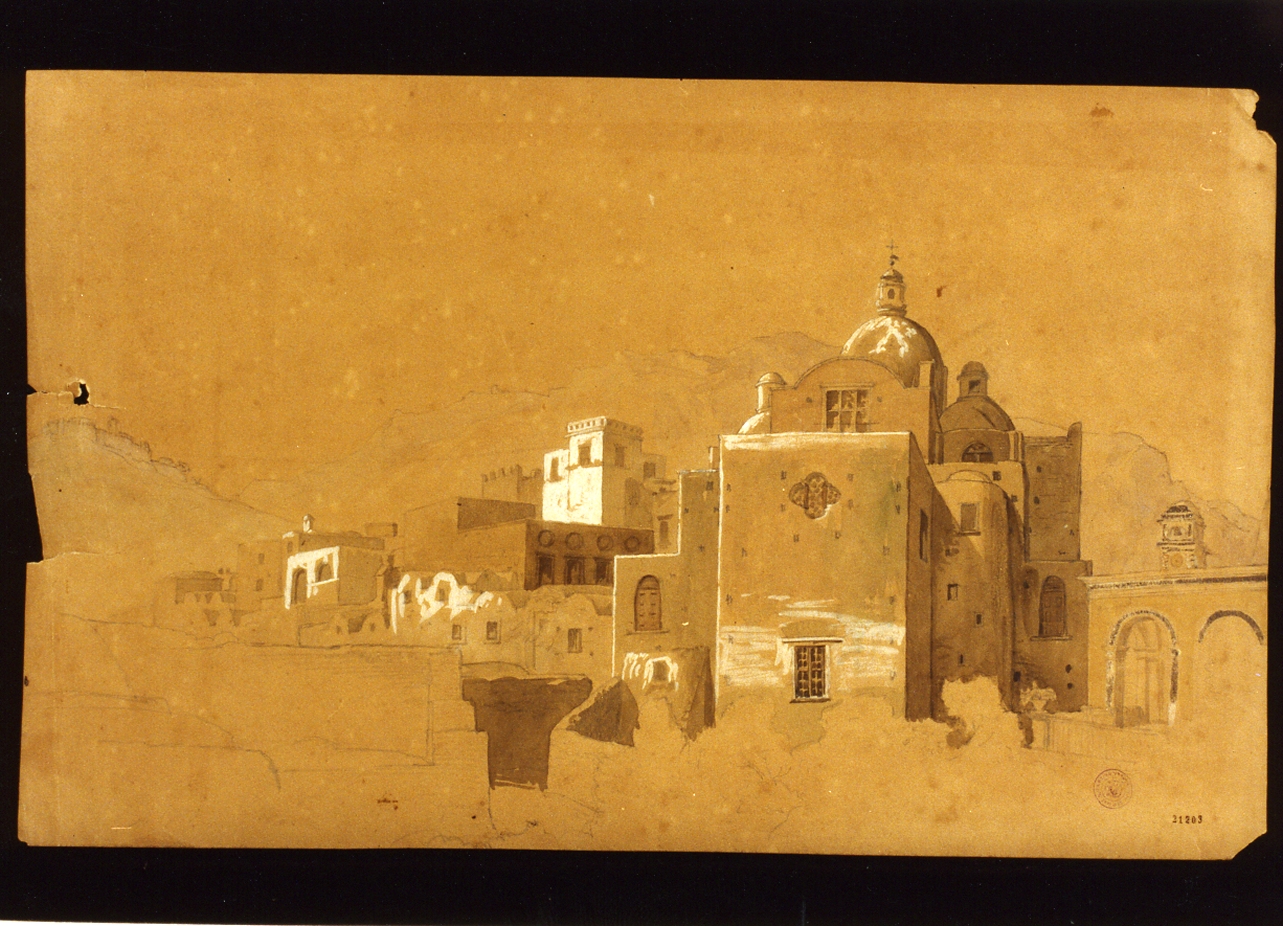 veduta di caseggiato con chiesa (disegno) - ambito danese (metà sec. XIX)