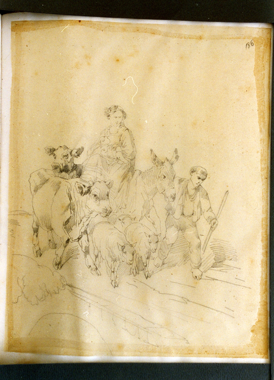 studio di pastorelli con gregge su ponte (disegno) di Carelli Consalvo (sec. XIX)