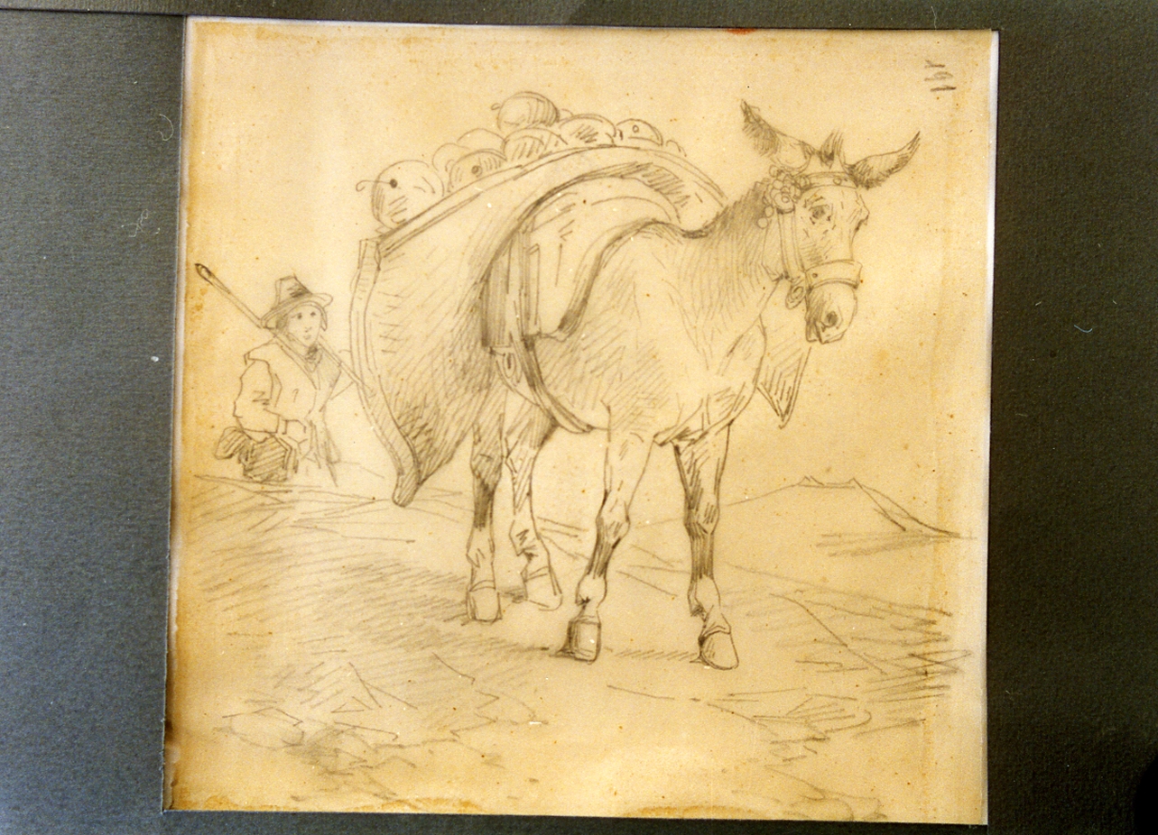 studio di asino con soma e pastori (disegno) di Carelli Consalvo (sec. XIX)