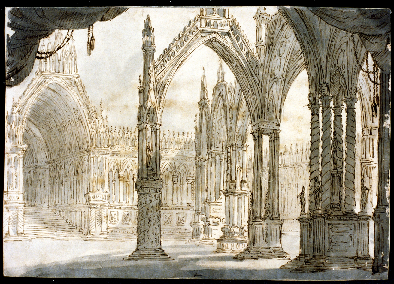 fondale con architetture gotiche (disegno) di Niccolini Antonio (scuola) (prima metà sec. XIX)