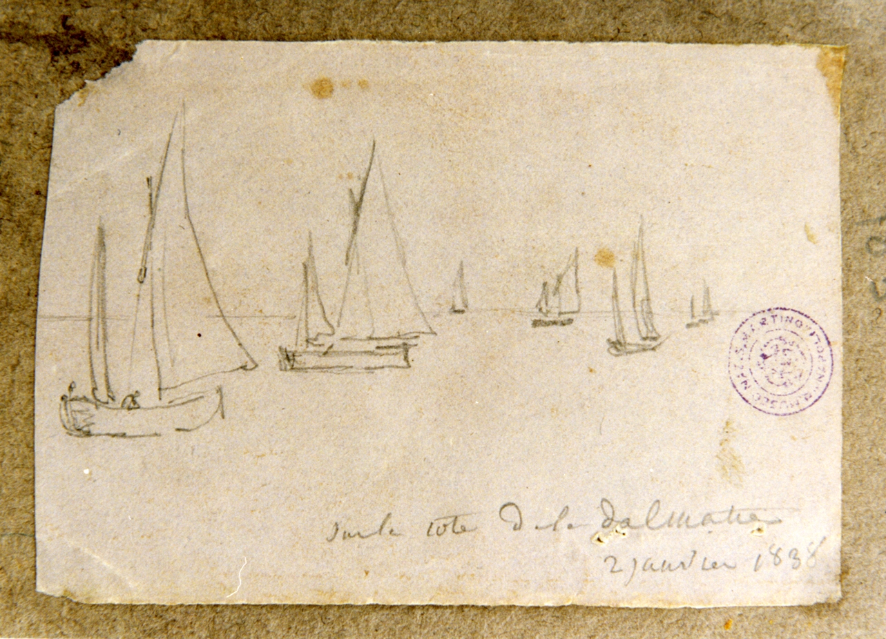 barche al largo della Dalmazia (disegno) di Vervloet Frans (secondo quarto sec. XIX)