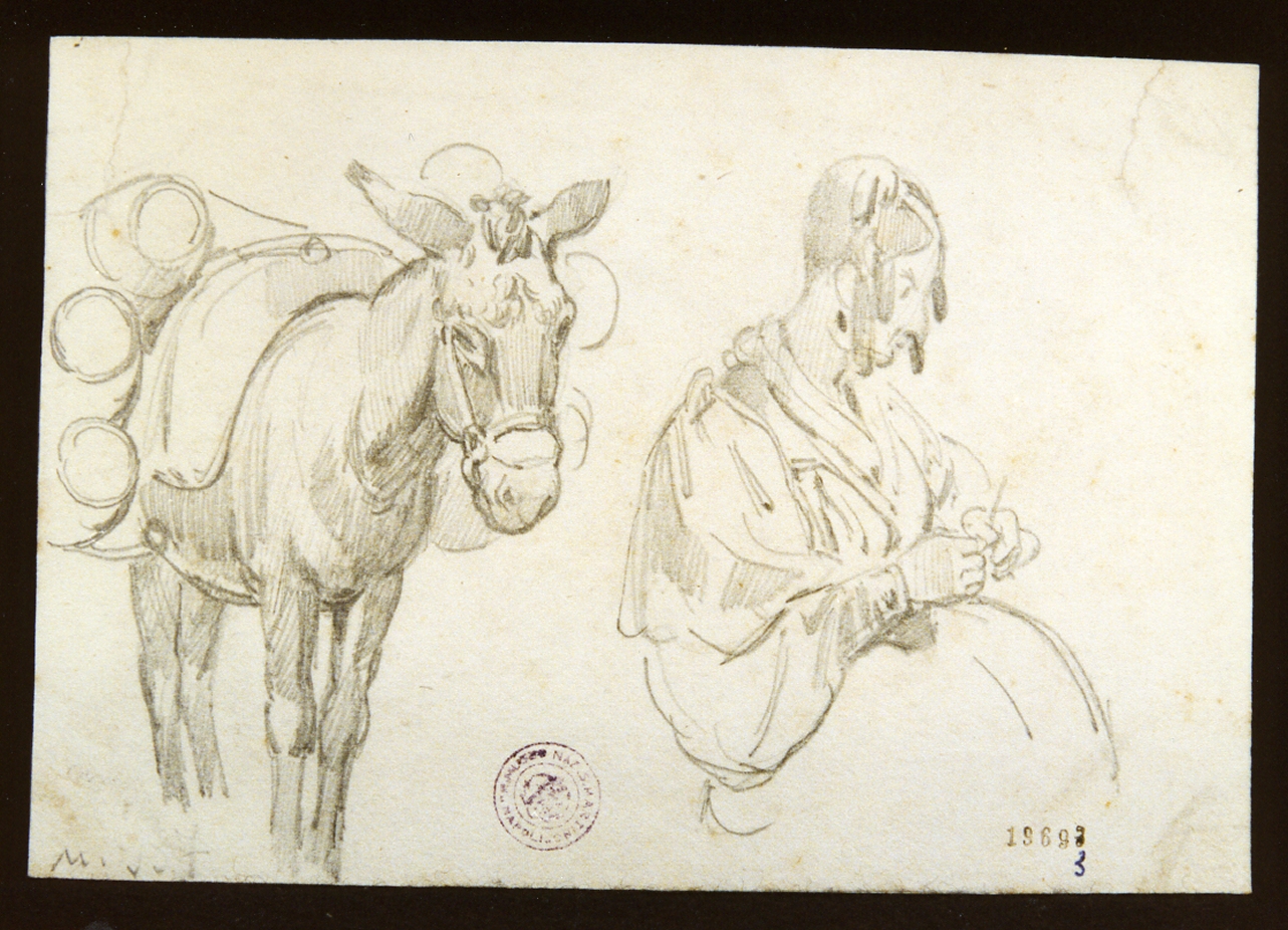 donna che cuce ed asino (disegno) di Vianelli Achille (prima metà sec. XIX)