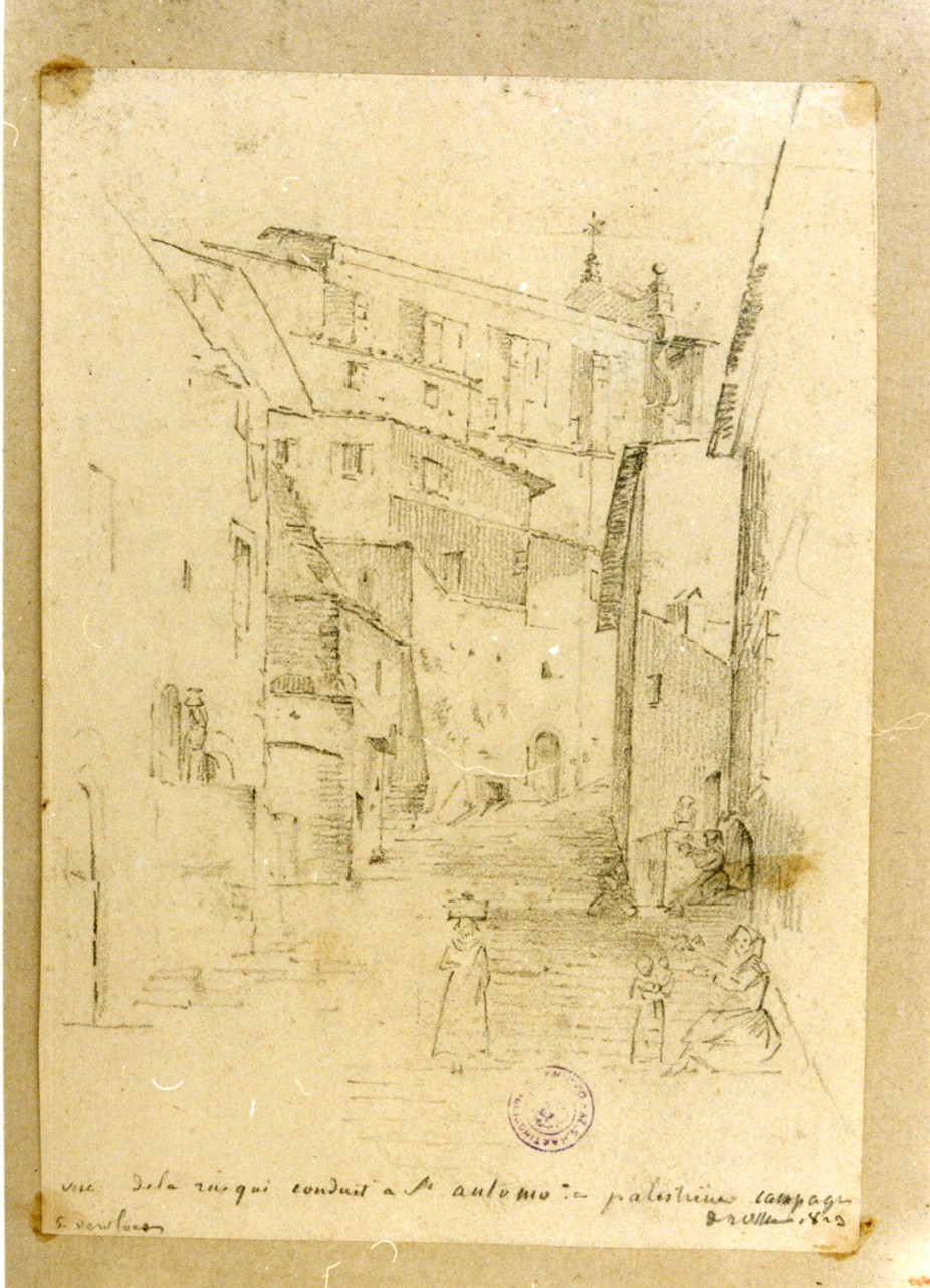 veduta di una strada con case e figure (disegno) di Vervloet Frans (sec. XIX)