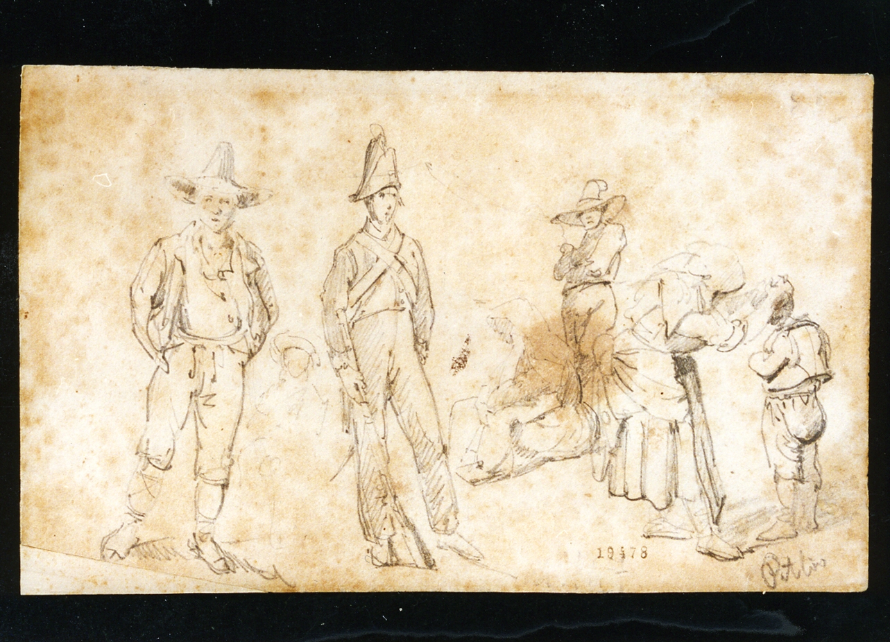 figure di contadini e di militare (disegno) di Pitloo Anton Sminck (inizio sec. XIX)