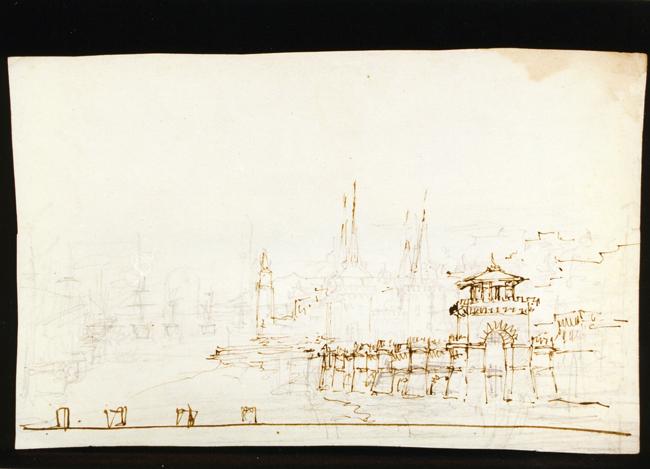 bozzetto per architettura su un fiume (disegno) di Niccolini Antonio (scuola) (sec. XIX)