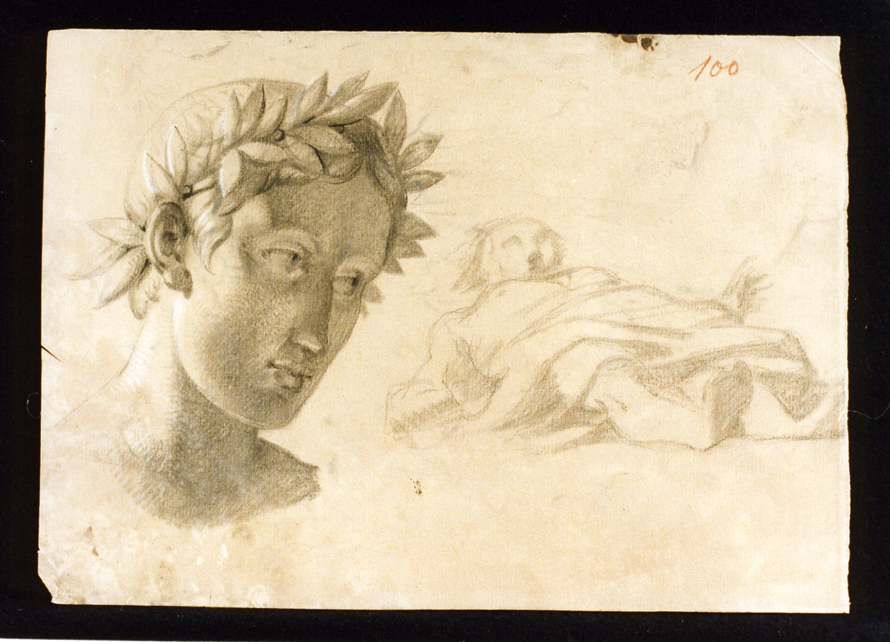 studio di testa coronata di alloro e uomo disteso (disegno) di De Vivo Tommaso (sec. XIX)