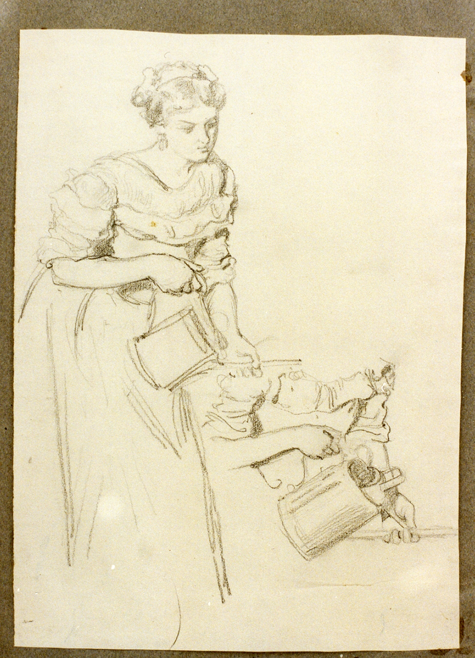 studio di donna che innaffia (disegno) di Dalbono Eduardo (fine/inizio secc. XIX/ XX)