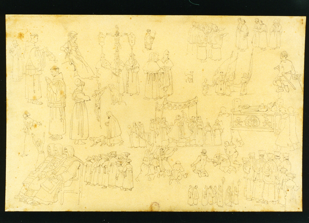 studio di figure di prelati in processione e di popolani in preghiera (disegno) di Vianelli Achille (sec. XIX)