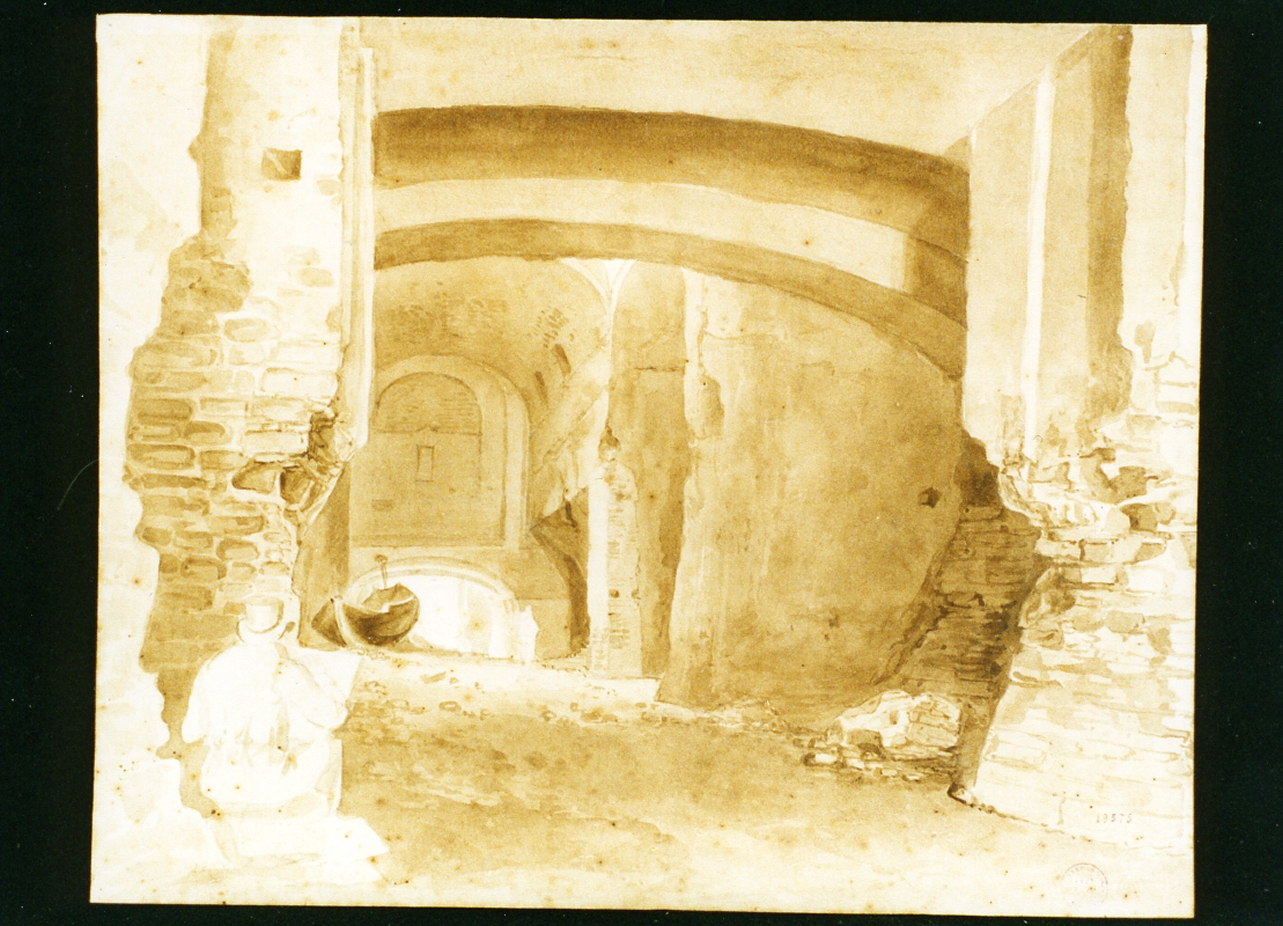 studio di artista che dipinge nelle grotte di Palazzo Donn'Anna (disegno) di Vianelli Achille (sec. XIX)