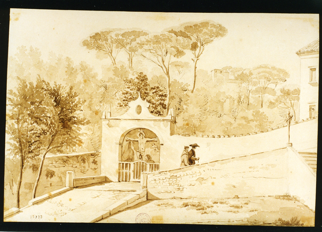 paesaggio con edicola sacra e due preti (disegno) di Vianelli Achille (sec. XIX)