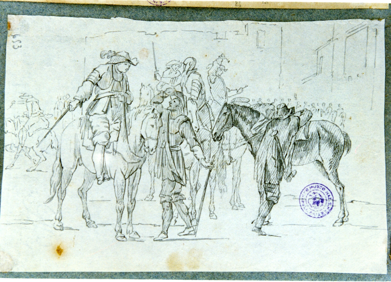 studio di cavalieri in una strada (disegno) di Vervloet Frans (secondo quarto sec. XIX)