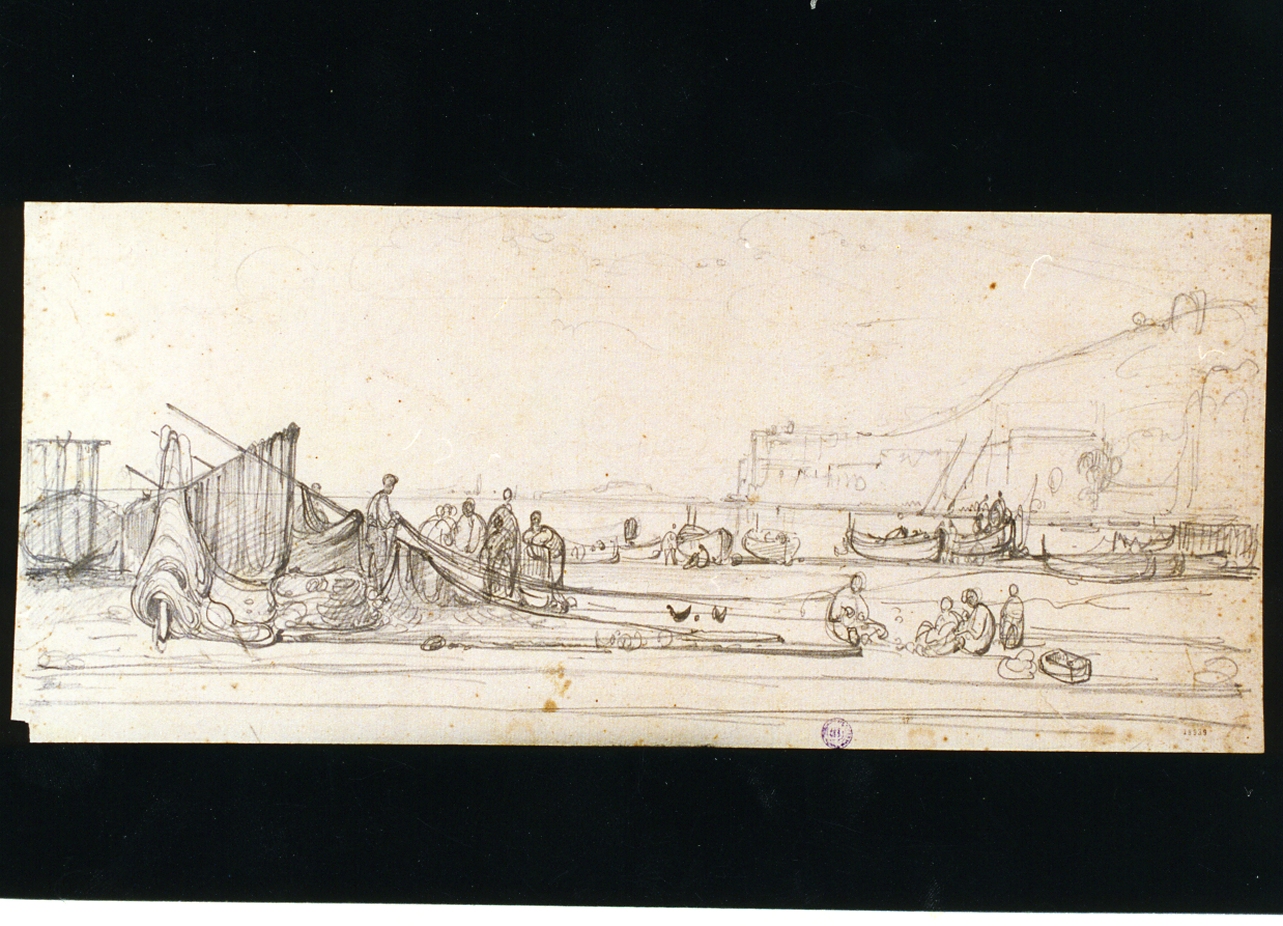 studio di barche e pescatori a riva (disegno) di Gigante Giacinto (metà sec. XIX)