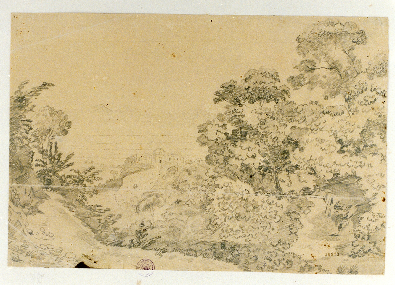 paesaggio con caseggiato e alberi (disegno) di Gigante Giacinto (sec. XIX)