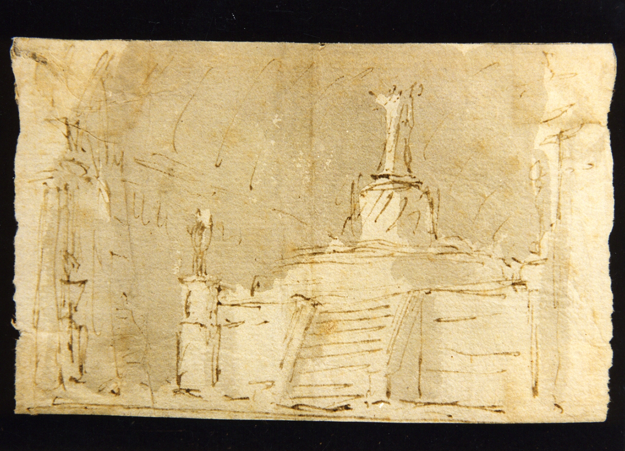 bozzetto di scenografia con volte a botte e statua di santo (disegno) di Niccolini Antonio (scuola) (sec. XIX)