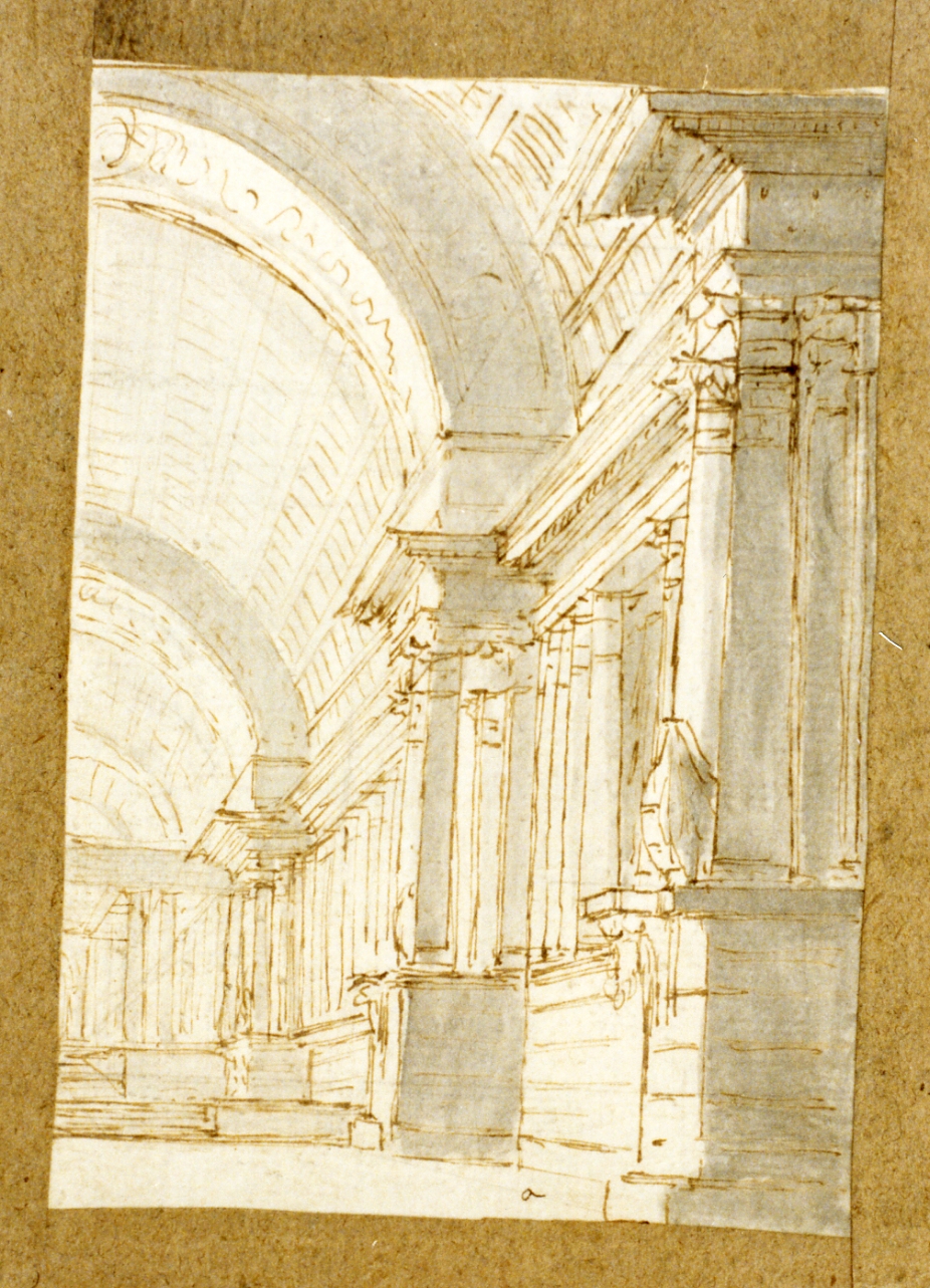 bozzetto di scenografia con volte a botte e colonnati (disegno) di Niccolini Antonio (scuola) (sec. XIX)