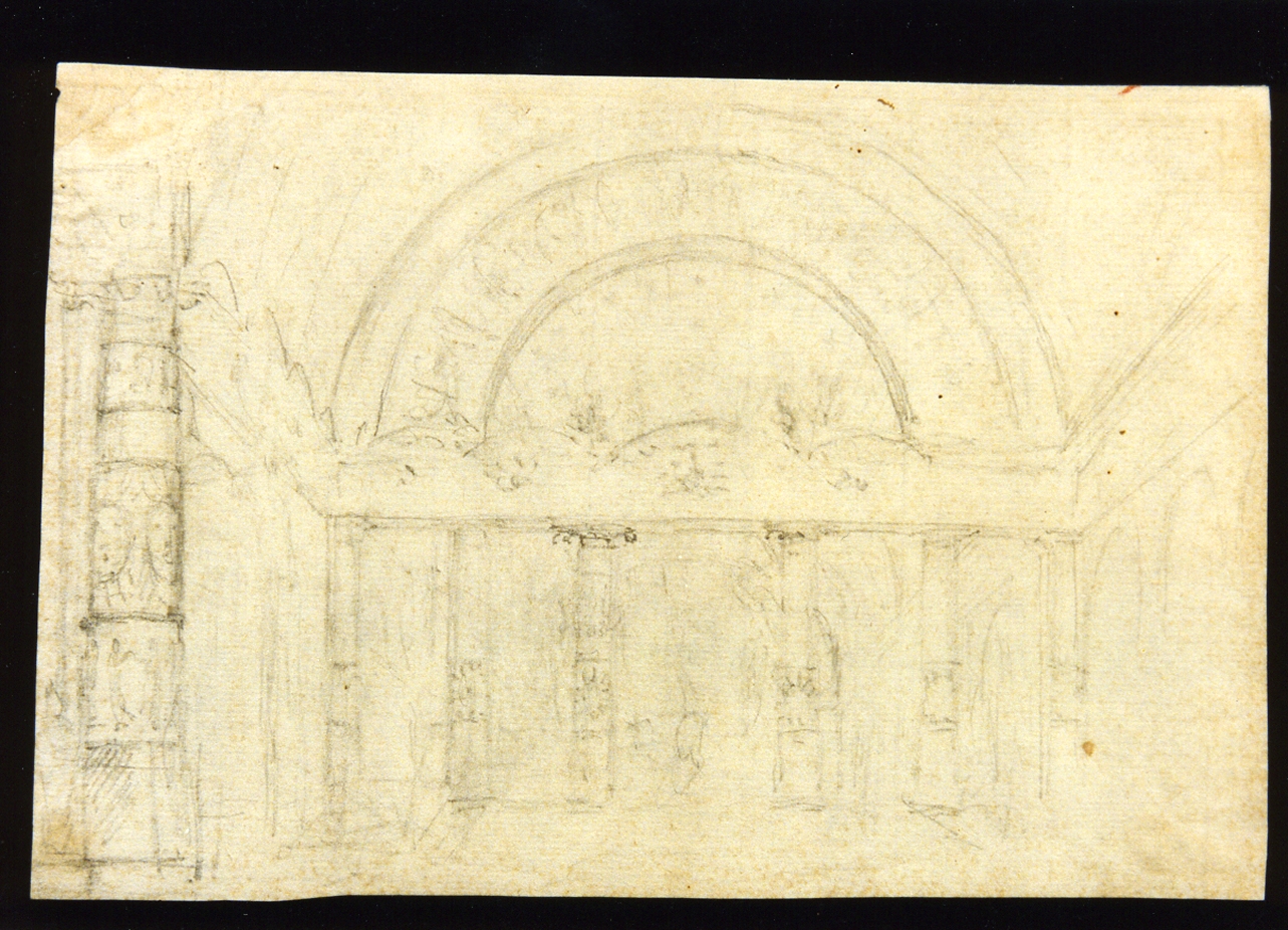 bozzetto di scenografia con volte a botte e colonnato (disegno) di Niccolini Antonio (scuola) (sec. XIX)