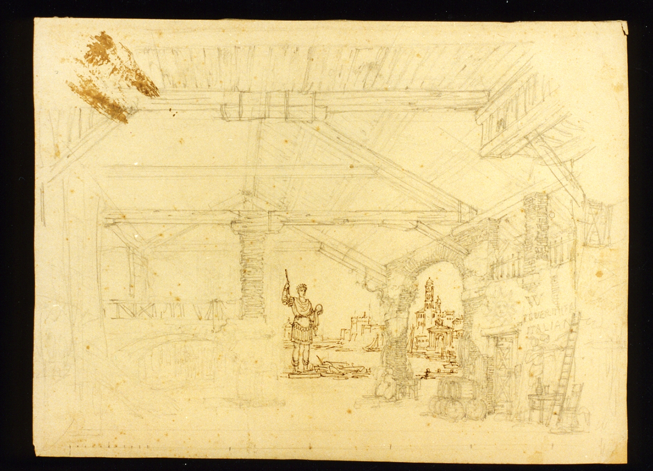 bozzetto di scenografia con soldato romano e veduta (disegno) di Niccolini Antonio (scuola) (sec. XIX)
