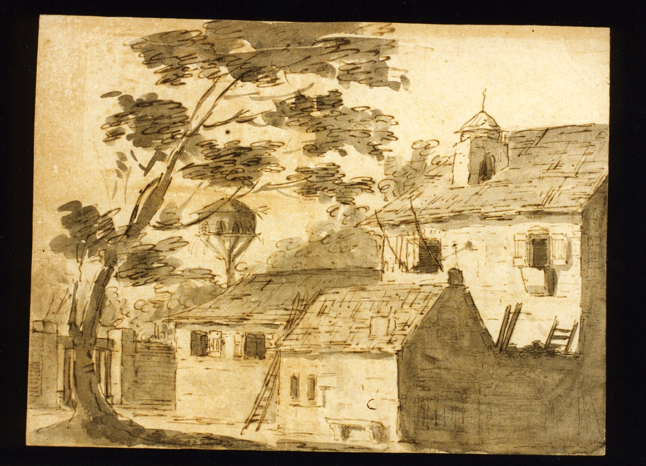 bozzetto di scenografia con case di campagna (disegno) di Niccolini Antonio (scuola) (sec. XIX)