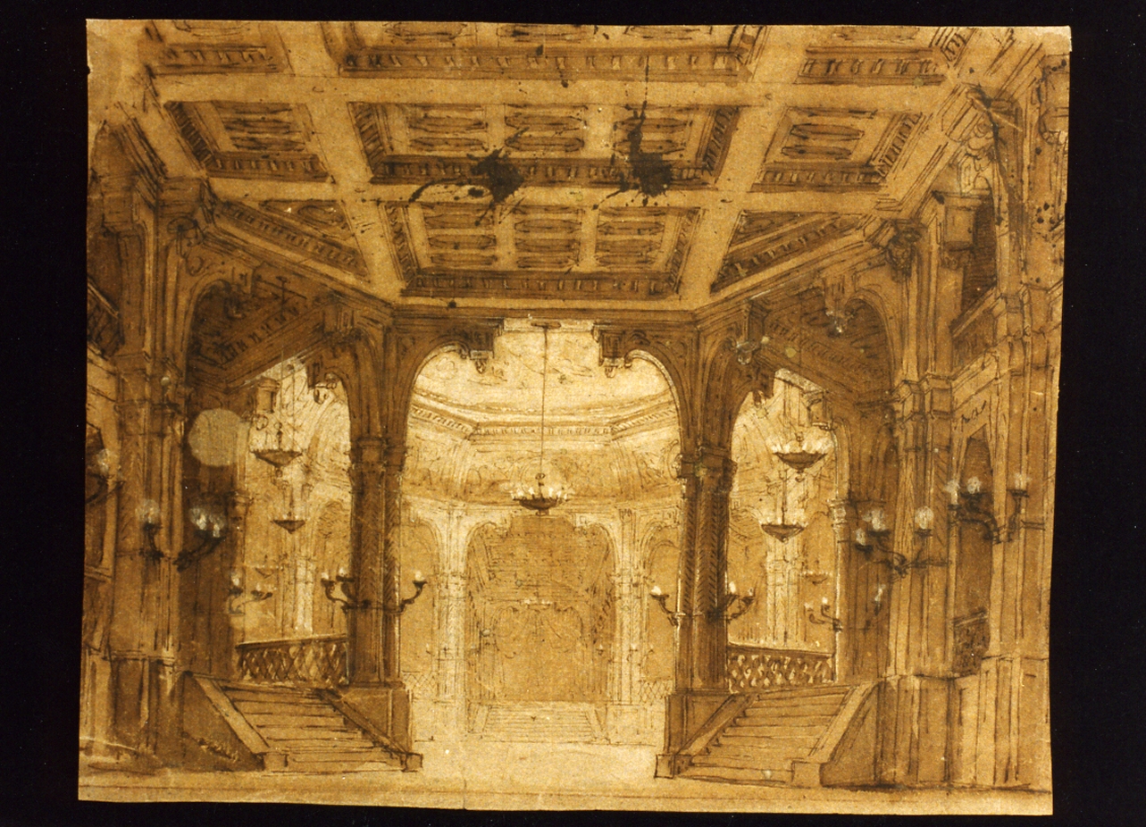 bozzetto di scenografia con interno di palazzo (disegno) di Niccolini Antonio (scuola) (sec. XIX)