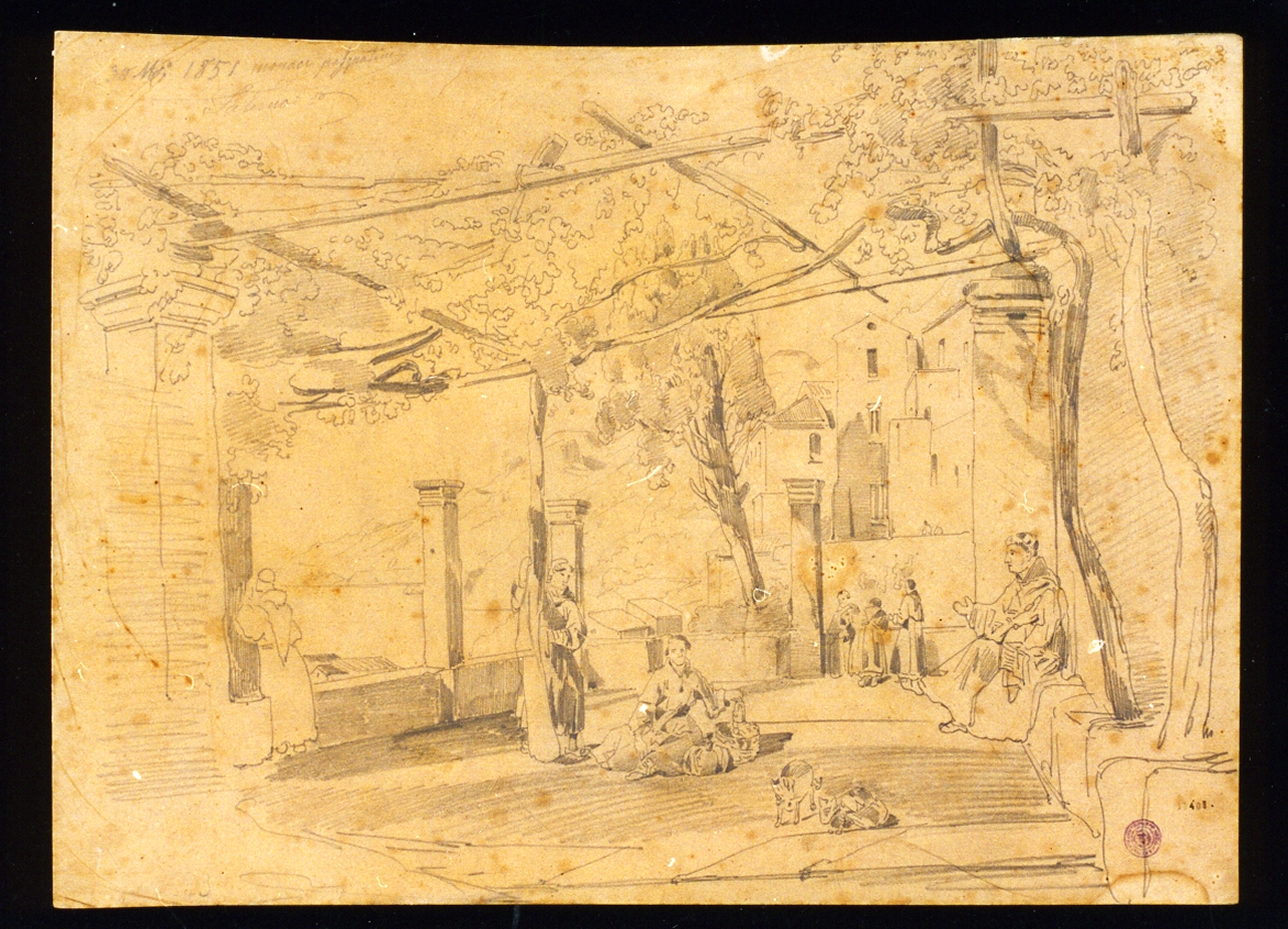 chiostro di convento con figure (disegno) di Lanza Giovanni Giordano (sec. XIX)