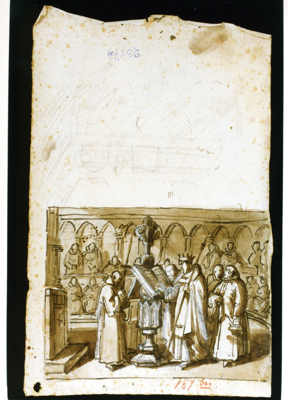 Roberto d'Angiò canta nel coro con i religiosi francesi (disegno) di De Vivo Tommaso (sec. XIX)