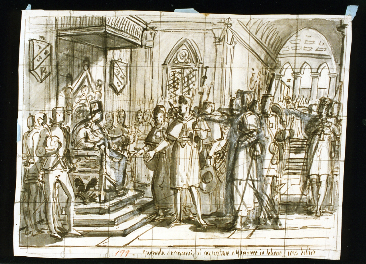 Normanni ricevuti da Guaimaro a Salerno (disegno) di De Vivo Tommaso (sec. XIX)