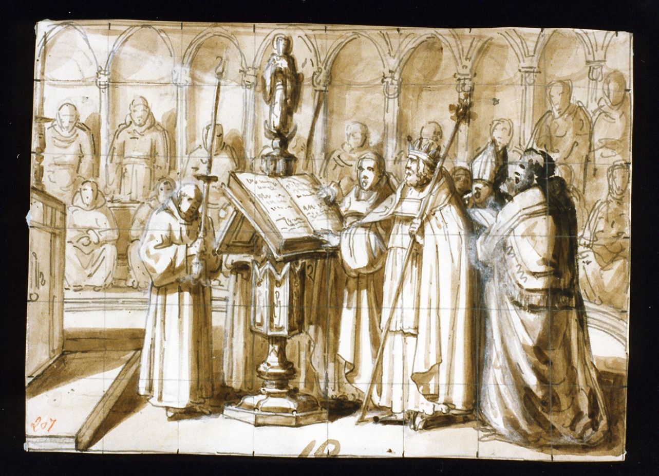 Roberto D'Angiò canta in coro con i religiosi francesi (disegno) di De Vivo Tommaso (sec. XIX)