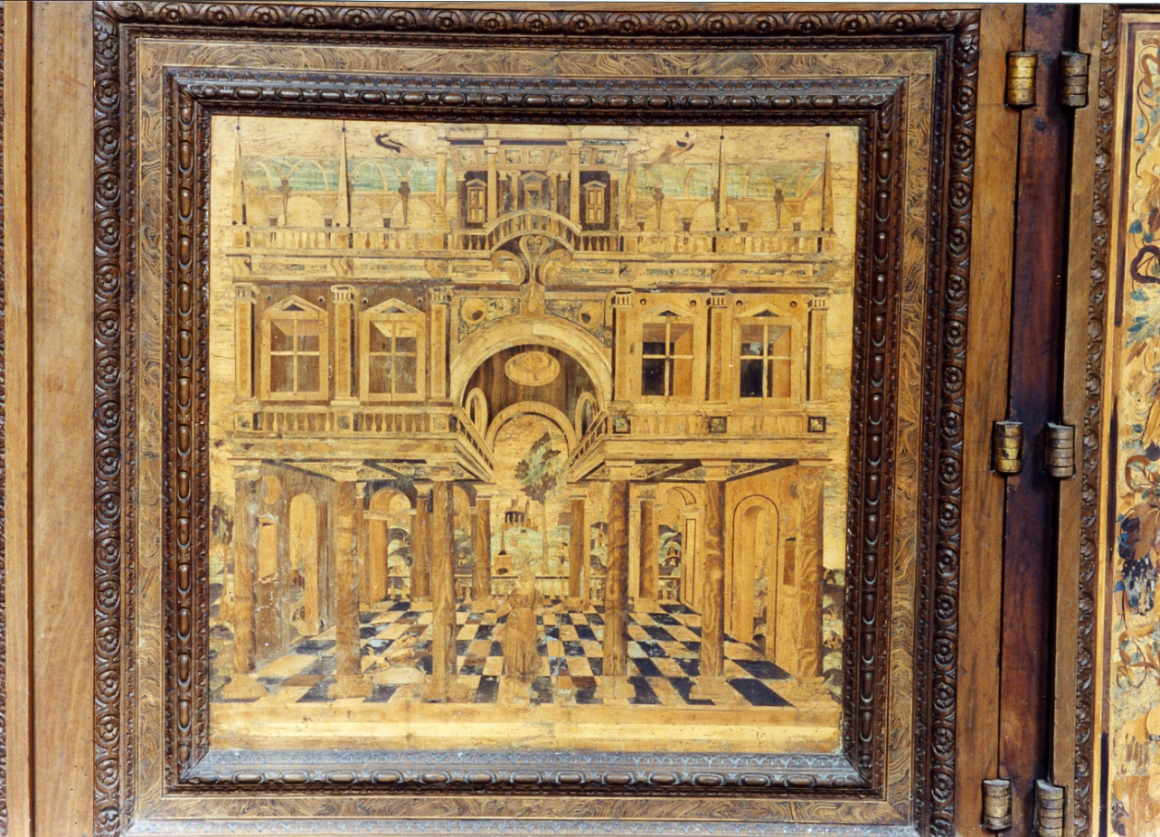 paesaggio con architetture (pannello) di Ducha Lorenzo (secc. XVI/ XVII)