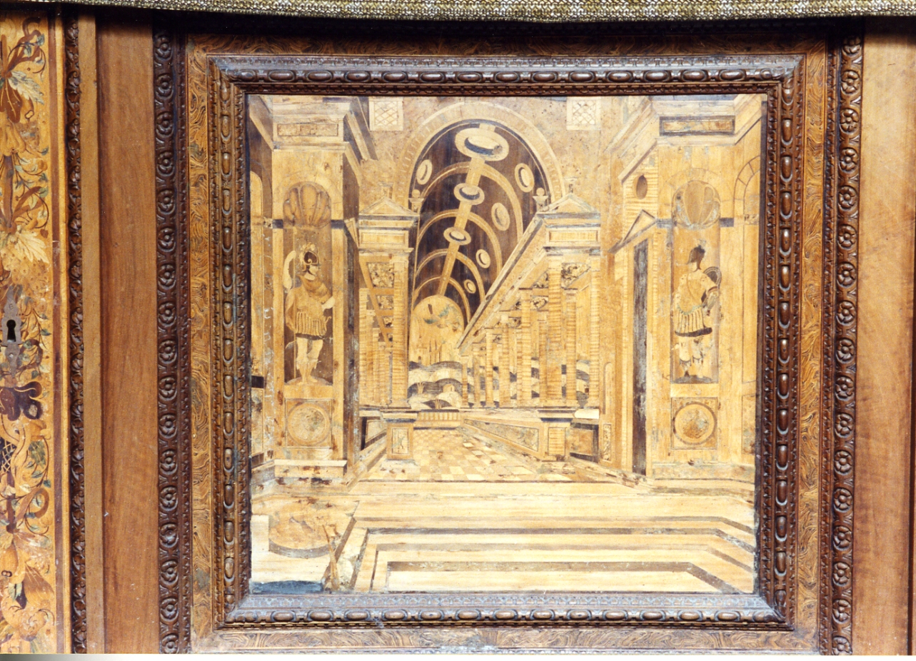 paesaggio con architetture (pannello) di Ducha Lorenzo (secc. XVI/ XVII)