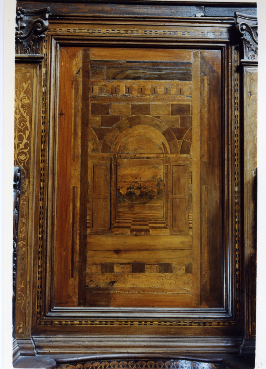 paesaggio con architetture (pannello) - bottega napoletana (sec. XVI)
