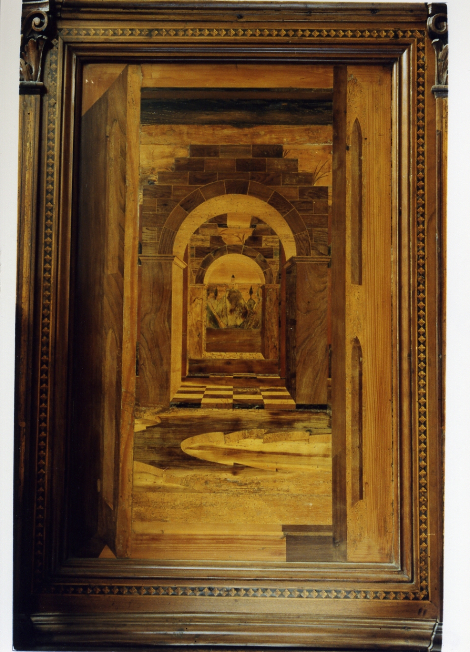 paesaggio con architetture (pannello) - bottega napoletana (sec. XVI)