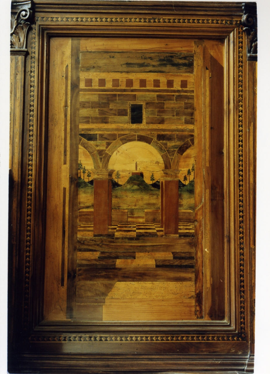 paesaggio con architetture (pannello) - bottega italiana (sec. XVI)
