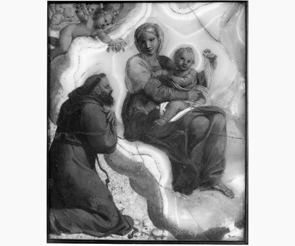 Madonna in adorazione del Bambino con San Francesco d'Assisi (dipinto, elemento d'insieme) di Carracci Annibale (bottega) (sec. XVII)