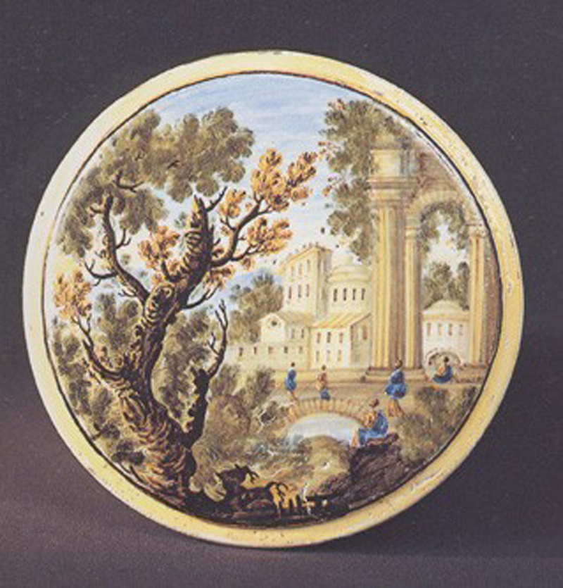paesaggio con architetture (piatto) di Grue Aurelio (prima metà sec. XVIII)