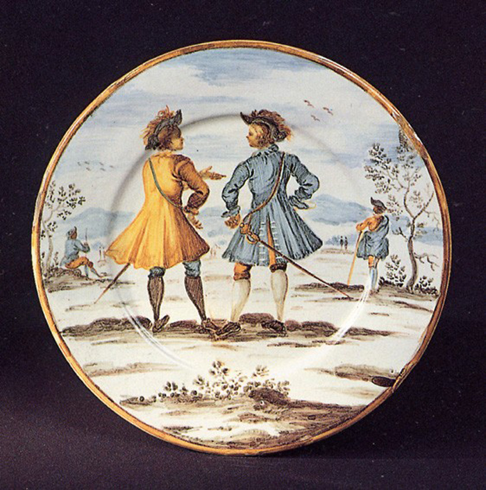 paesaggio con figure maschili (piattino) di Grue Francesco Saverio di Giovanni (prima metà sec. XVIII)