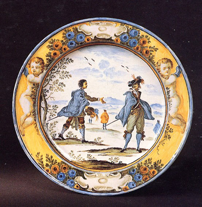 paesaggio con figure maschili (piatto) di Grue Francesco Saverio di Giovanni (prima metà sec. XVIII)