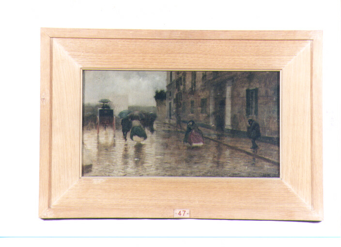 la pioggia, veduta di città (dipinto) di Netti Francesco (sec. XIX)