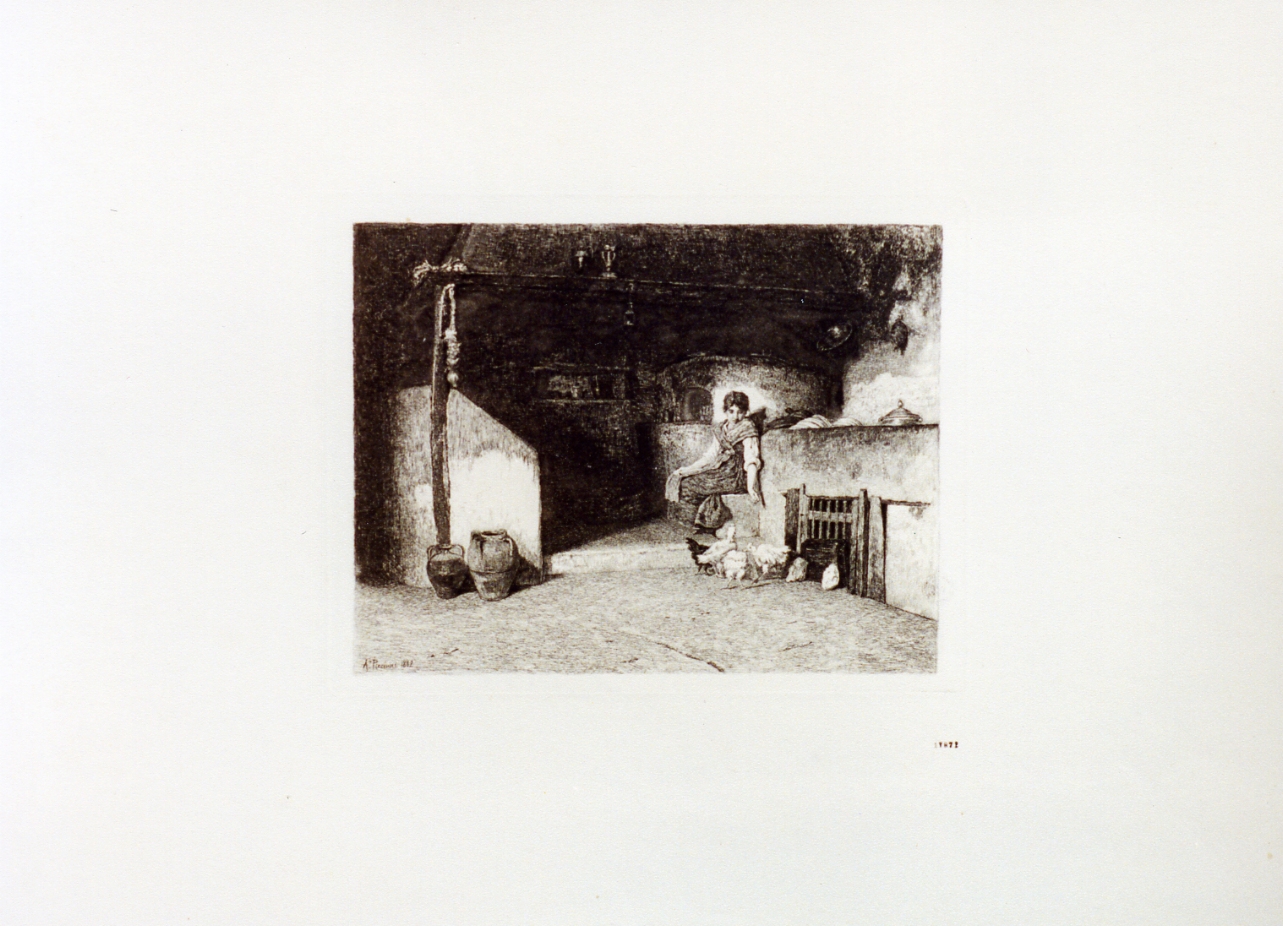 interno di cucina con ragazza (stampa) di Piccinni Antonio (sec. XIX)
