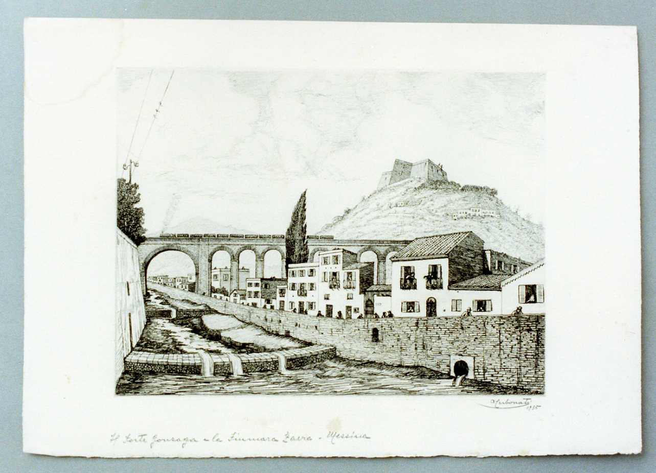 veduta del Forte Gonzaga e della Fiumara Zaera a Messina (stampa) di Carbonati Antonio (sec. XX)