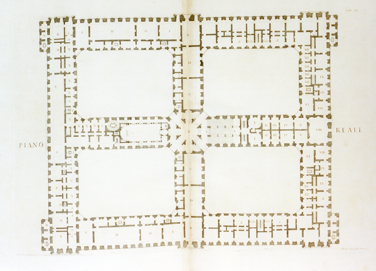 pianta del piano nobile del palazzo reale a Caserta (stampa) di Vanvitelli Luigi (sec. XVIII)