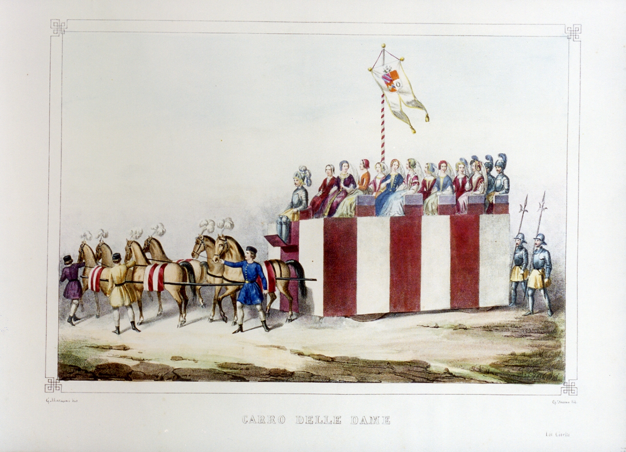personaggi del torneo di Caserta nel carnevale dell'anno 1846 (stampa a colori) di Mariani Gregorio (sec. XIX)
