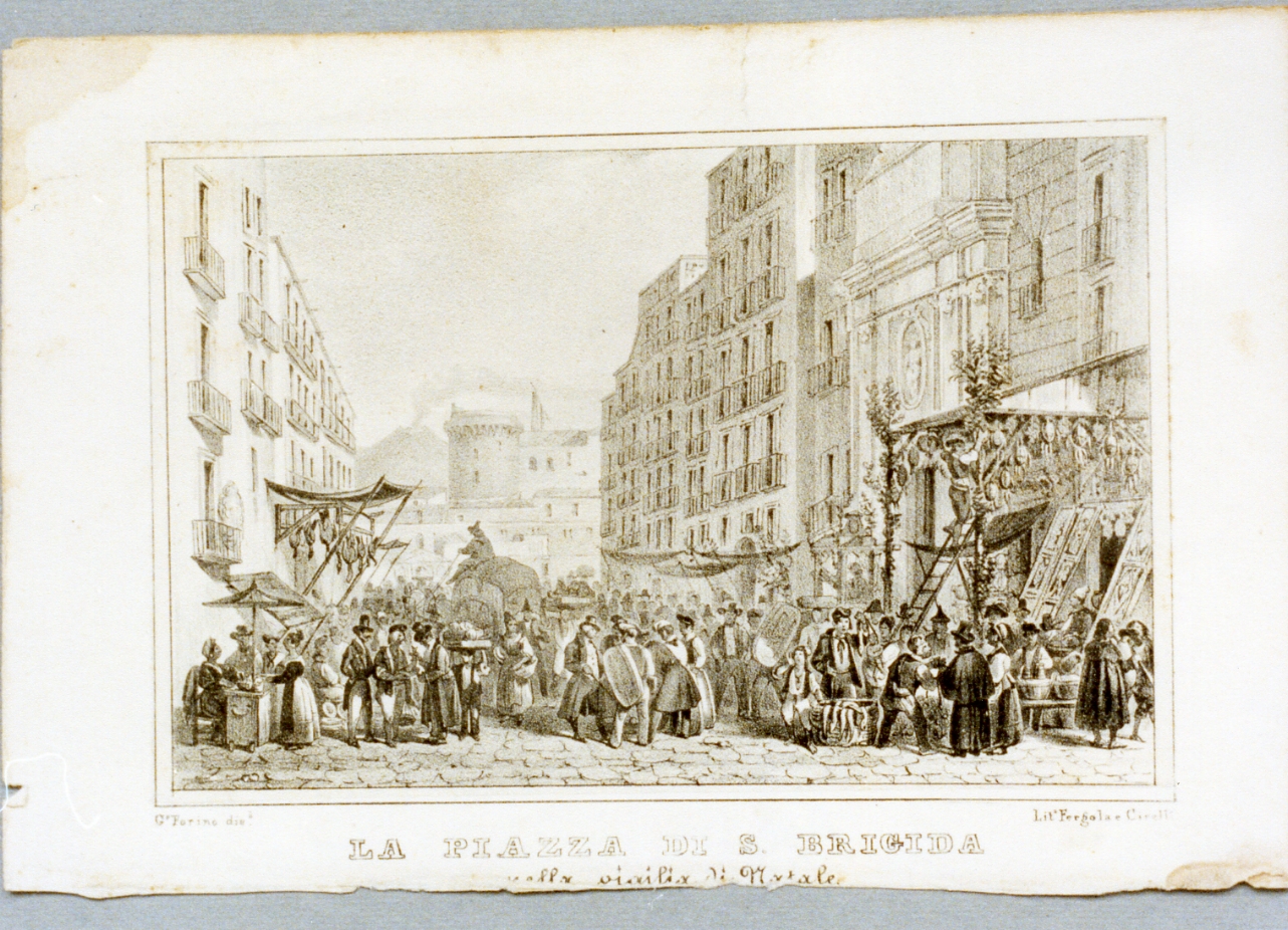 vigilia di natale al mercato di Santa Brigida di Napoli (stampa) di Forino Gioacchino, Cirelli Filippo (metà sec. XIX)