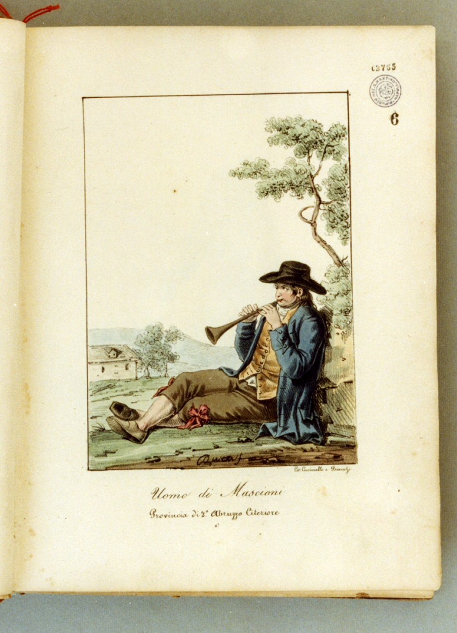 figura maschile seduta in costume tradizionale (stampa a colori) di Cuciniello Domenico, Dura Gaetano, Bianchi Lorenzo (sec. XIX)