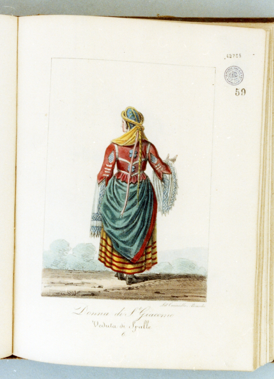 figura femminile di spalle in costume tradizionale (stampa a colori) di Cuciniello Domenico, Bianchi Lorenzo (sec. XIX)