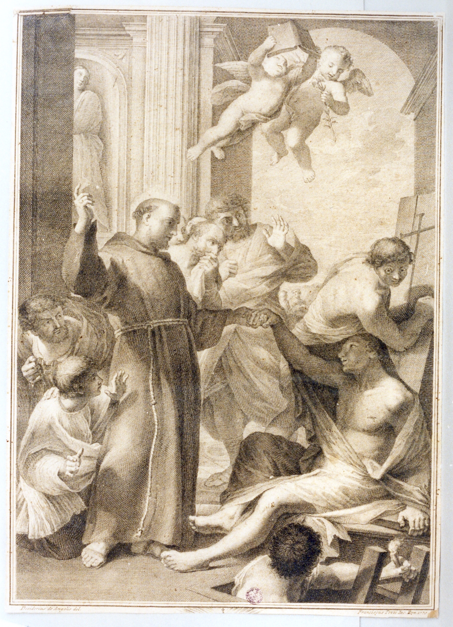 santo francescano resuscita un morto (stampa) di De Angelis Desiderio (sec. XVIII)