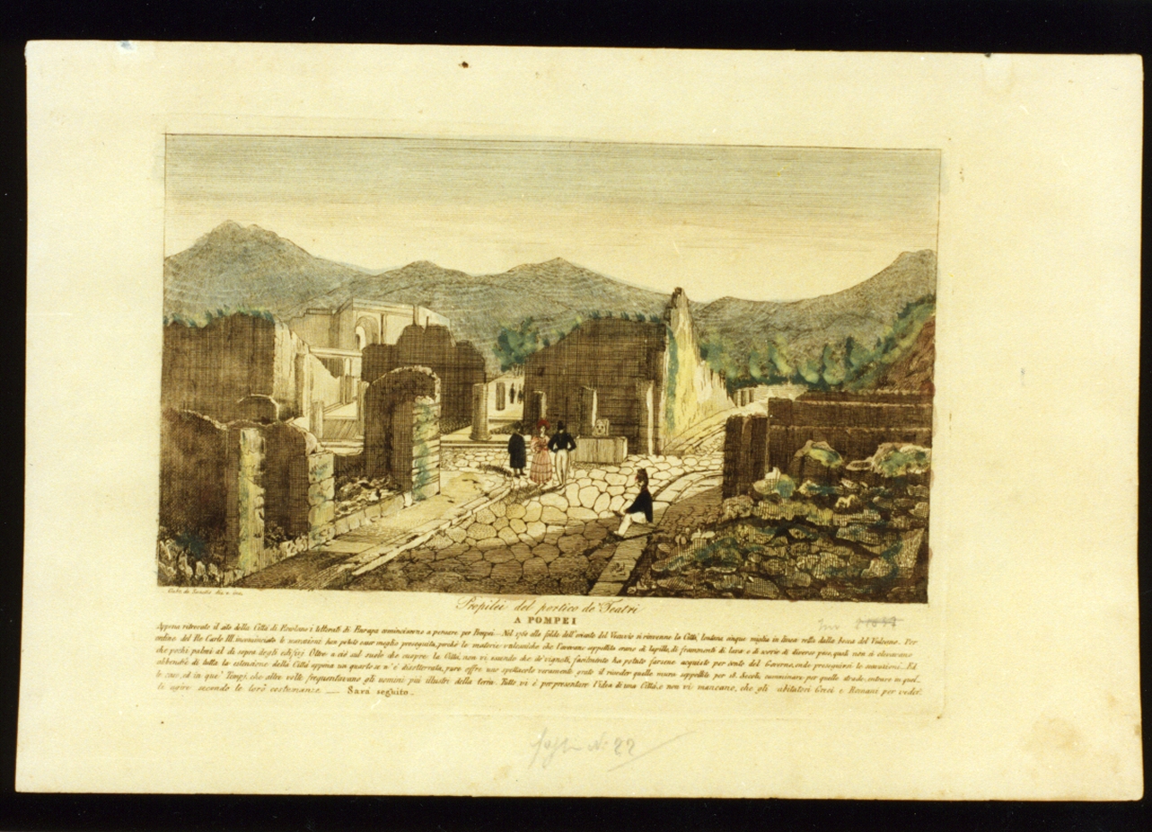 veduta dei propilei del portico dei teatri a Pompei (stampa a colori) - ambito napoletano (secondo quarto sec. XIX)