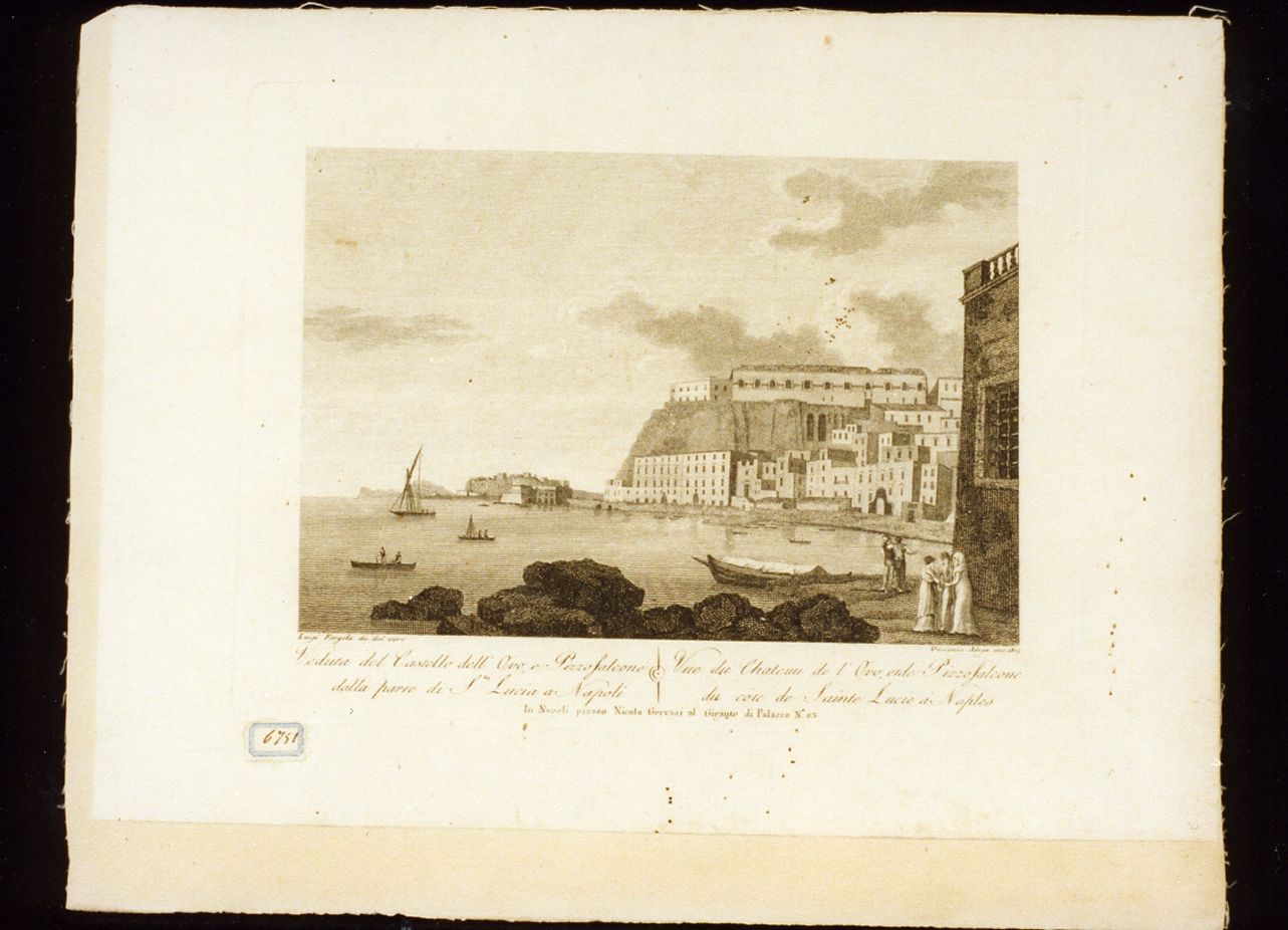 veduta di Pizzofalcone da Santa Lucia a Napoli (stampa) di Fergola Luigi, Alloja Vincenzo (sec. XIX)